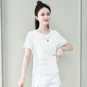 Casual round Neck Short Sleeve T-Shirt Womens Summer 2023 Slim Fit Fashion Sensation Small Audience Regular Length Commute Style