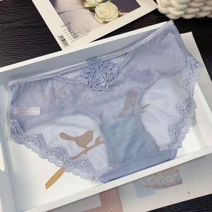 กางเกงในผู้หญิงทรงสามเหลี่ยมลูกไม้ปักลายสไตล์ญี่ปุ่นเซ็กซี่ใส่สบายฉลุลายซีทรูบางเฉียบผ้าตาข่ายไร้รอยต่อเอวต่ำคลุมสะโพก