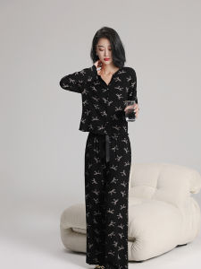 ชุดนอนผู้หญิงผ้าไหมคอตตอนแขนยาว กางเกงขายาว ชุดอยู่บ้าน ชุดนอนฤดูใบไม้ผลิและฤดูใบไม้ร่วง ชุดอยู่บ้านแบบสวมหัว