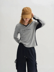 DUSHU | Slimming Loose V-neck Contrasting Colors T-shirt
