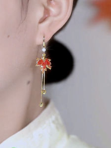 Red Maple Leaf Earrings Womens 2023 New Arrival Trendy Ear Hook Fancy Silver Needle Retro Special Interest Light Luxury Earrings