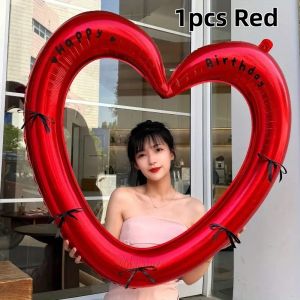 Happy Birthday Heart Photo Frame Balloon with Bowknot Stickers Girlsfriend Valentines Day Party Photo Props Wedding Ballon Deco