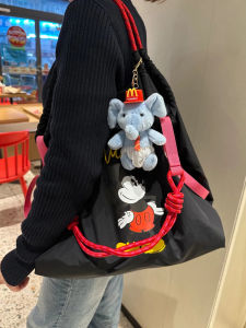 Japanese Style Embroidery Rice Mouse Eco-friendly Bag Canvas Satchel Crossbody Shopping Bag Large Capacity Commuter Bag Ball Chain