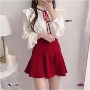 TW9686 Set 2 ชิ้นเสื้อแขนยาวอกระบาย + กระโปรงสั้น มีสายผูกคอ Set of 2 pieces long sleeve shirt + short skirt with neck strap.