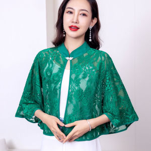 Retro Lace Shawl Sleeveless Fairy Atmosphere Cheongsam Outerwear Summer Womens Clothing Korean Style round Neck Short Length