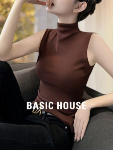 Basic House Womens High Collar Slim Fit Vest Sleeveless Base Shirt Early Autumn New Style Commute Style Pure Color Polyester