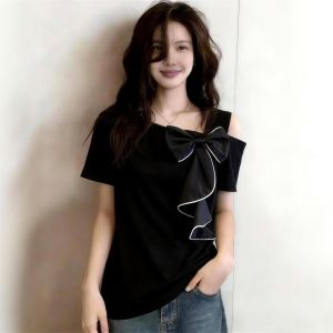 Slant Collar Off-Shoulder Short Sleeve T-Shirt Summer Slimming Bow
