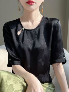 New Chinese Style Silk Short Sleeve Shirt Inner Wear Bernina Silk Chiffon Top Five Buttons Disk Traditional National Fashion