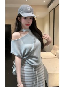YUEZHONGWEI | French Style Irregular One-shoulder Off-the-shoulder Ice Silk Knit T-shirt