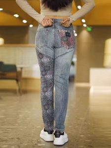 High-End Mens Elastic Waist Floral Pattern Casual Jeans Color Block Fashionable Korean Version Splice Long Pants