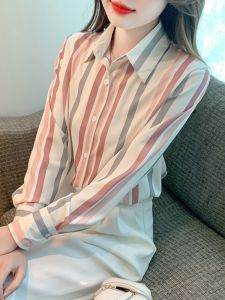 Áo Sơ Mi Nữ Tay Dài Vải Voan Kẻ Sọc Thiết Kế Cổ Polo Dáng Rộng Phong Cách Hàn Quốc Mùa Thu 2023