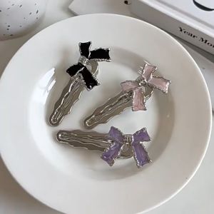 Kẹp tóc mỏ vịt kim loại đính nơ viền bạc nhiều màu phong cách hiện đại trẻ trung K159