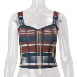 Slimming Base Camisole Vest Slim Fit European Style 3D Element Three-acetate Fiber Womens Outerwear Ultra-Short Length Plaid Pattern