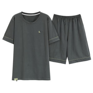 MiiOW | Mens Summer New Casual Lightweight Short Sleeve Long Pants Pure Cotton Pajamas Set Comfortable Skin-friendly Home Clothes