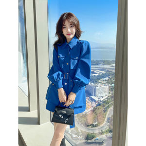 Early Autumn Klein Blue Womens Suit Dress High Waist A-Line Skirt Korean Style Commute Polyester Fiber Long Sleeve Dress