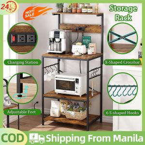 Kitchen Storage Rack Organizer With Power Outlet 4 Tiers Kitchen Racks Organizer Heavy Duty Kitchen Microwave Stand With 6 S-Shaped Hooks Space Saver Plant Display Rack For Garden Coffee Bar Table For Home Office Warehouse
