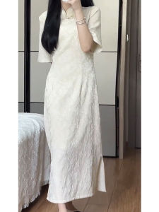 Elegant Young Girl Style Cheongsam Dress Retro Chinese Fashion Long Daily Wear Short Sleeve Pure Color Summer New Arrival