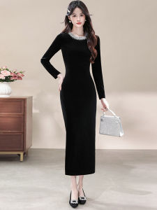 Elegant Velvet Dress Womens Slim Fit Long Sleeve round Neck High Waist Luxury Sensation Autumn Winter New Style City Commute