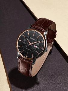 Deesio Men Automatic Self-Wind Watch Business Dress Stainless Steel Case Leather Strap Water Resistant 30M Luxury Gifts for Men