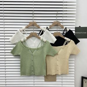 Shoulder Bared One Shoulder Vertical Texture Single Button Strap Short Sleeve Knitted Sweater 2022 New Sweet Versatile Base Top