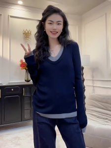 Early Autumn Chic V-neck Knitted Top Womens plus Size Conceal Belly Slimming Base Layer Shirt Korean Style Loose Fit Long Sleeve