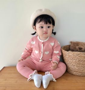 Baby Fall and Winter Baby Girl Classic Style Heart Sweaters Cardigan Wool Pants Princess Suit New Year Clothes