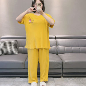 Loose Cotton Sleepwear Womens Style Summer plus Size Short Sleeve Long Pants round Neck Pullover Home Clothes Set Strawberry Pattern