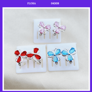 FLORA 0430B - Bông tai bạc ta hình hoa ba cánh đính đá màu xanh hồng đỏ dành cho bé gái