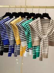 Trendy Knitted Shoulder Wrap Scarf Womens Outerwear Fake Collar Neck Support Spring Autumn Summer Stripe Pattern High End