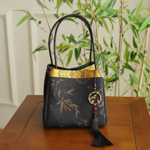 New Chinese Style Silk Handbag Womens Shoulder Bag Basket Shape Magnetic Buckle Closure Daily Use Artistic National Style