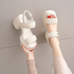 New Womens Thick Heel Sandals Summer Outdoor Wear Soft Bottom Platform Casual Slippers round Toe High Heel PU Material