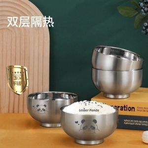 Double Layer 304 Stainless Steel Bowl Anti-Fall Anti-Scalding Cartoon Design for Children Kindergarten Learning to Eat Bowl