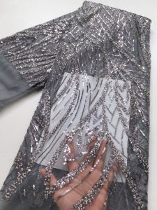 Nigerian Gray Luxury Sequins Net Lace Fabric High Quality African Tulle Lace Fabric French For Women Wedding Party Dress  S4357