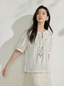 INMAN | 100% Lyocell Embroidered Lace-Up White Shirt