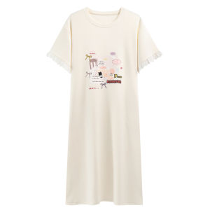 Miiow | Cat Lady Summer 2025 New Pure Cotton Antibacterial Short Sleeve Striped Loose Midi Dress Womens Style Casual Home Wear