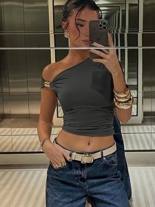 แปลก Puss ไม่สม่ําเสมอปิดไหล่เสื้อยืดผู้หญิง Ruched แฟชั่น Skew COLLAR แขนยาวสบายๆสบายๆ Streetwear