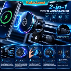 KEBIDUMEI 2in1 Split 25W Wireless Car Charger Semiconductor ICE Cooling RGB Holder Stand For Qi2 iPhone 17 Pro Max Fast Charging