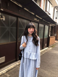 Blue Belted Long Dress Womens Loose Slimming Texture A-Line Design Autumn New Style Hey Shan Nai High Waist Polyester Fiber