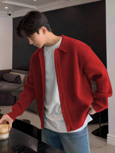 Red New Year Mens Knitted Sweater with Collar Autumn Winter Korean Style Button Cardigan Lucky Year Celebration Outerwear