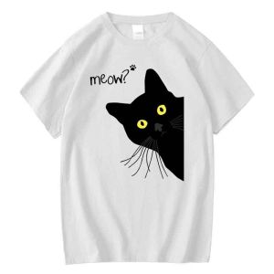 Mens T-shirt Cotton Blend Summer Meow Black Cat Print Men T Shirt Casual Loose o-neck Men Tshirt Short Sleeve t-shirt Male Tees