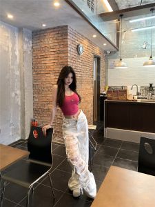High Waist Straight Leg Jeans Womens Summer Loose Wide Leg Pants Design Sense Lace Patchwork Hole Denim Casual Long Pants