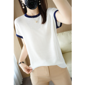 Korean Style round Neck Ice Silk Short Sleeve Knitted Top Women Summer Thin Cool Loose Large Size T Shirt Classic Pattern