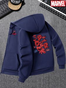 A Mens Black Zipper Hoodie with A Spider-Man Graphic and Sleeve Logo Casual Sweatshirt Worn on The Street Byfans of Superheroes