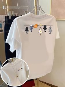 Cat Rope Cartoon Cats Print Tshirt Short Sleeve Crew Neck Casual Top for Summer Spring Womens Clothing