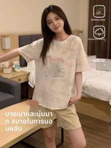 MiiOW | ชุดนอนผู้หญิงผ้าฝ้ายแท้ 2025 ฤดูร้อนใหม่ ระบายอากาศได้ดี หลวมๆ ใส่อยู่บ้านได้ ชุดนอนสองชิ้น แขนสั้น คอกลม