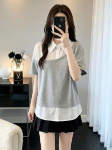 AIYITI | Stylish Polka Dot Collar Splicing Tunic T-shirt Large Size