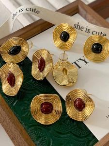 Elegant Vintage Style Enamel Geometric Copper Plated Gold Hoops for Women Lightweight Luxury Earring Dangle Ear Jewelry