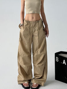 Silver High Waist Cargo Pants Womens Summer Loose Street Style Casual Long Wide Leg Trousers Drawstring American Leisure