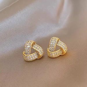 Geometric Plated Real Gold Zirconia Earrings Women Luxury Sensation Silver Needle Ear Studs New 2024 Elegant Jewelry Accessories