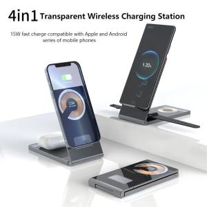 Huife 4 in 1 Magnetic Wireless Charging Station for iPhone 12 13 14 iWatch AirPods Madsafe Transparent Wireless Charger Holder